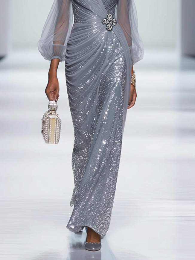 Silver Gray Buckle Sequin Sweetheart Neckline Long Sleeve Sheath Maxi Dress