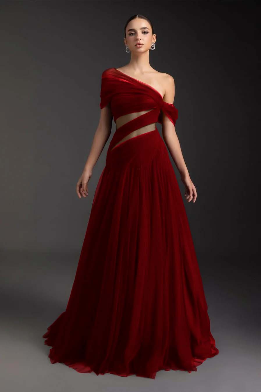 Cocoslly Off-The-Shoulder Long A-Line Prom Dress With Pleated | Burgundy Tulle ZA0173