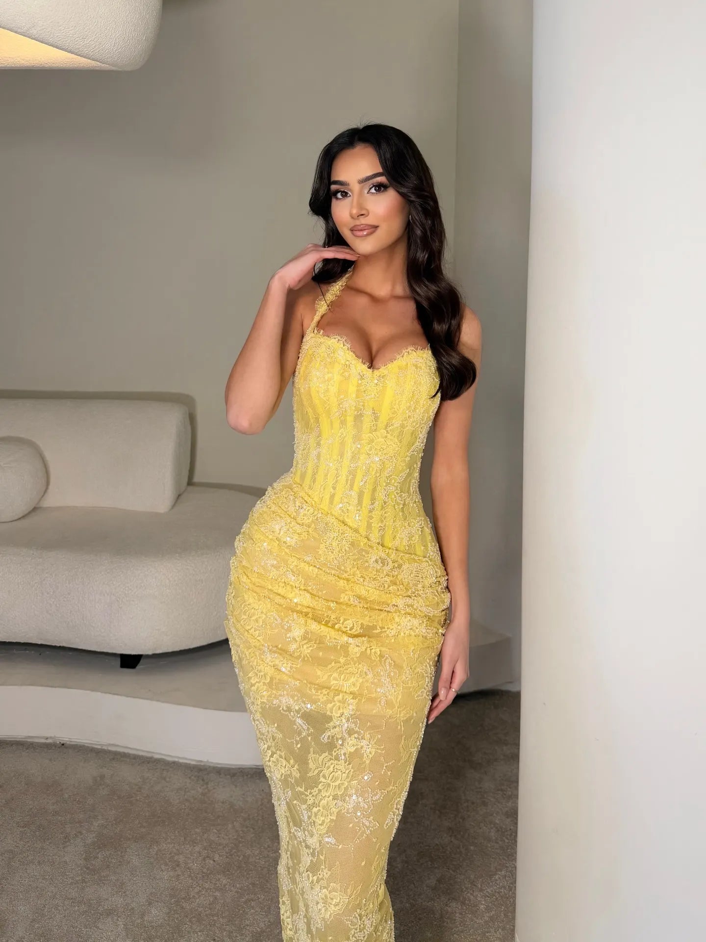 Cocoslly Halter Sleeveless Long Mermaid Prom Dress With Embroidered | Yellow Lace CO0076