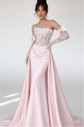 Cocoslly Strapless Sleeveless High Waist Long Mermaid Prom Dress With Long Sleeves And Lace | Blushing Pink Satin