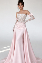 Cocoslly Strapless Sleeveless High Waist Long Mermaid Prom Dress With Long Sleeves And Lace | Blushing Pink Satin