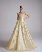 Satin Strapless Sleeveless Long A-Line Prom Dress With Flower Appliqués And Beadings YK0682