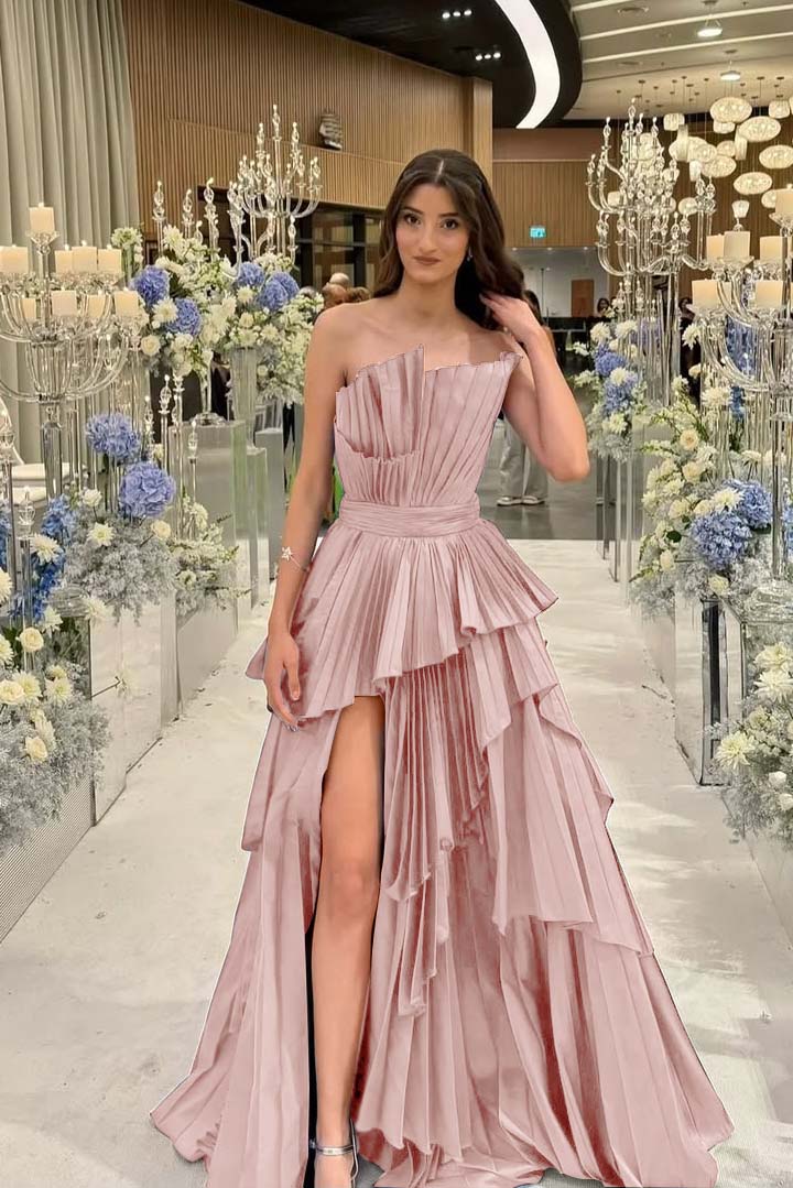 Charming Strapless Sleeveless Long Split Prom Dress With Pleated MS0456