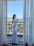 Cocoslly Spaghetti Straps Sleeveless High Waist Long Mermaid Prom Dress With Pleated | Dusty Blue Satin CO0193
