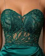 Cocoslly Spaghetti Straps Sleeveless High Waist Long Prom Dress With Split And Beading Pearls | Dark Green Satin LX0098