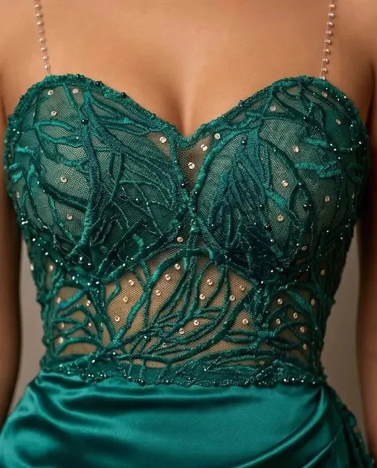 Cocoslly Spaghetti Straps Sleeveless High Waist Long Prom Dress With Split And Beading Pearls | Dark Green Satin LX0098