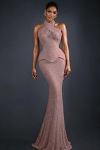 Cocoslly Halter Sleeveless High Waist Long Mermaid Prom Dress | Glod Champage Beading Pearls LR0565