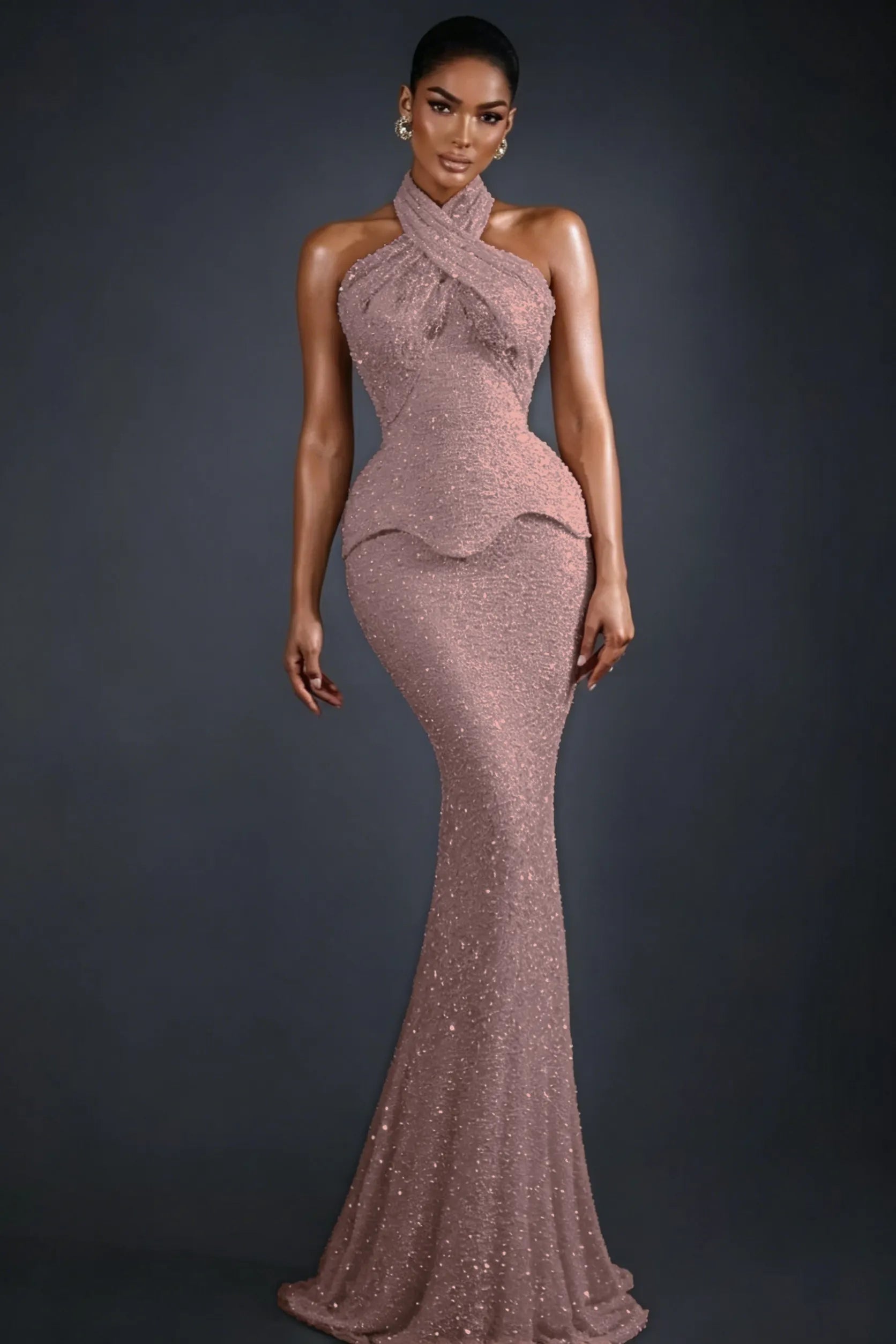 Cocoslly Halter Sleeveless High Waist Long Mermaid Prom Dress | Glod Champage Beading Pearls LR0565