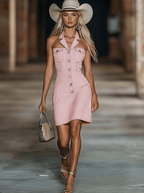 銆�24-hour shipping out銆慒ashion Off-The-Shoulder Lapel Front Button Pink Denim Mini Dress