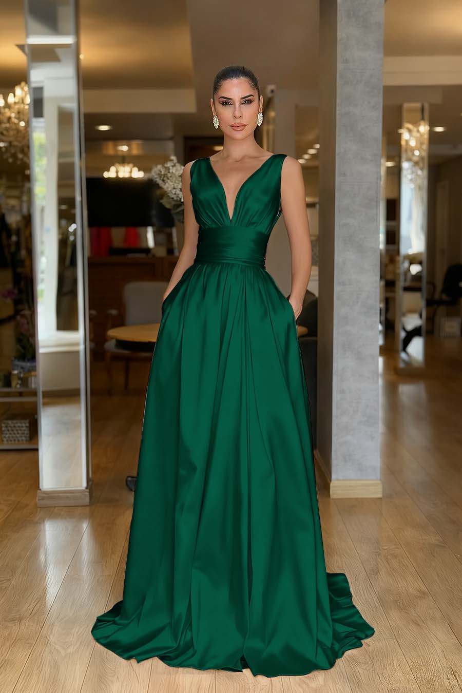 Straps Sleeveless High Waist Long Prom Dress With Pockets Pleated MS0387