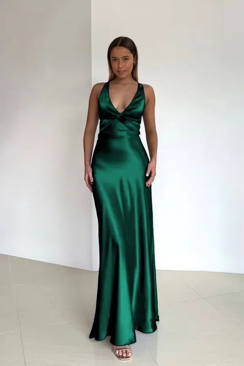 Cocoslly Halter V-Neck Sleeveless High Waist Long Prom Dress | Royal Blue Satin ZT0693