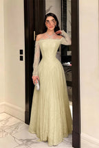 Cocoslly Strapless Long Sleeves High Waist Long Prom Dress With Pleated | Ink Blue Lace YC0488