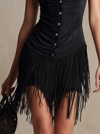 Western Retro Tassel Black Sleeveless V-Neck Faux Suede Mini Dress