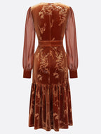 Caramel Brown Mesh Jacquard Velvet Crew Neck Long Sleeve Balloon Sleeve Mermaid Midi Dress