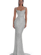 Cocoslly Spaghetti Straps Sleeveless High Waist Long Mermaid Prom Dress With Beading Pearls | Nude Champage Sequins JZ0120