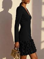 Navy Blue 3D Floral Classic V Neck Long Sleeve Sheath Mini Dress