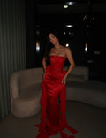 Cocoslly Strapless Sleeveless High Waist Long Mermaid Prom Dress With Train | Red Satin CO0028