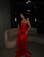 Cocoslly Strapless Sleeveless High Waist Long Mermaid Prom Dress With Train | Red Satin CO0028