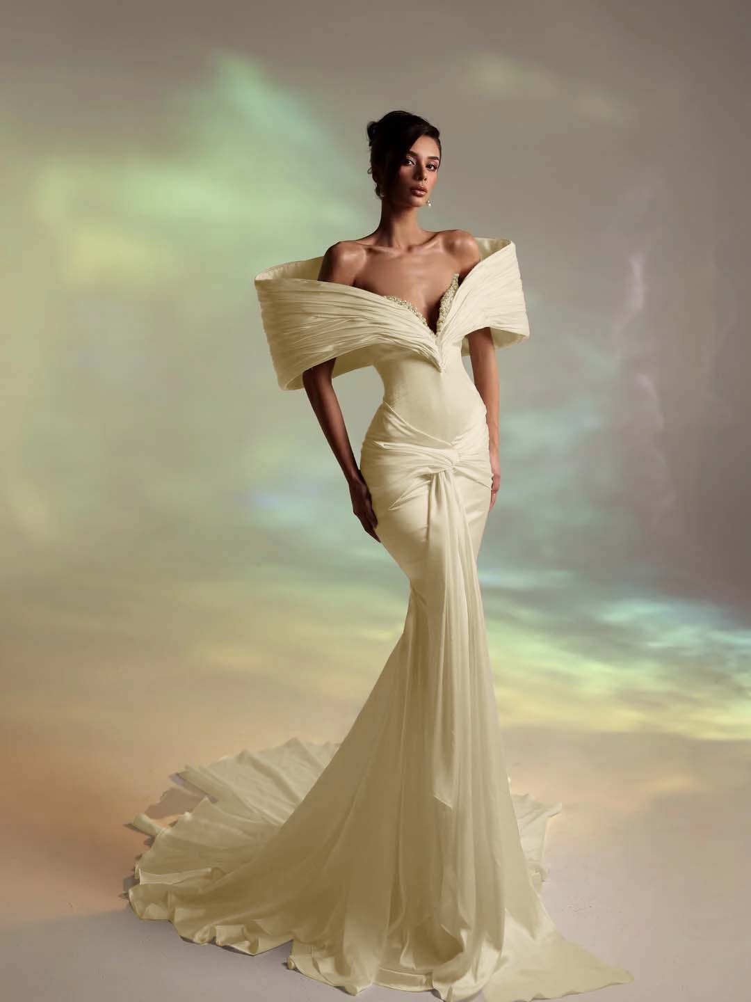 Deep V-Neck Strapless Long Pleated Mermaid Prom Dress With Ruffles And Beadings YK0707