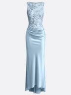 Blue Embroidery Satin Crew Neck Sleeveless Sheath Gown Dress