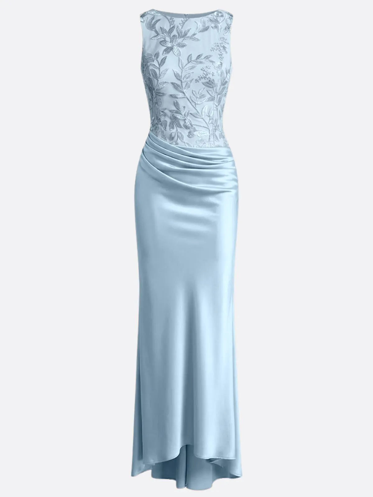 Blue Embroidery Satin Crew Neck Sleeveless Sheath Gown Dress