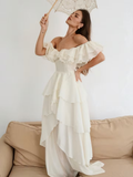 Cocoslly Off-The-Shoulder Sleeveless High Waist Long Prom Dress With Ruffles | White Chiffon LX0115