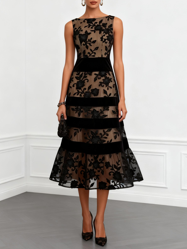 Black Mesh Lace Jacquard Boat Neck Sleeveless A-Line Midi Dress