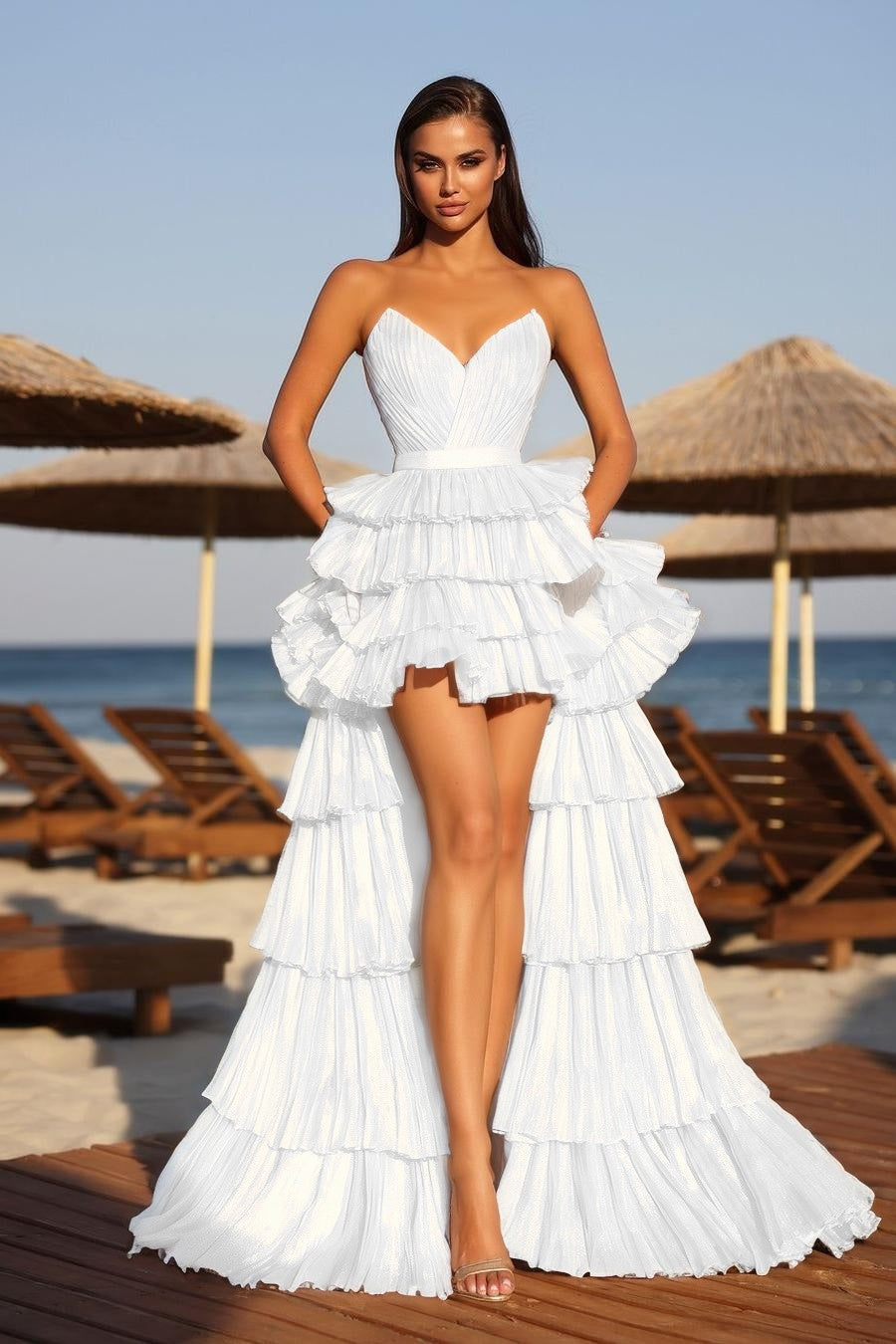 Cocoslly Strapless Sleeveless High Waist Long A Line Prom Dress With Ruffles | Champage Glod Satin YC0487