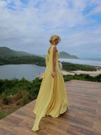 Cocoslly Spaghetti Straps Sleeveless High Waist Long Prom Dress With Scarf | Yellow Satin CO0200