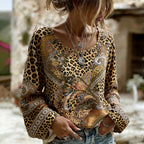 Vintage Hippie Leopard And Paisley Print Casual Crew Neck Long Sleeve Top