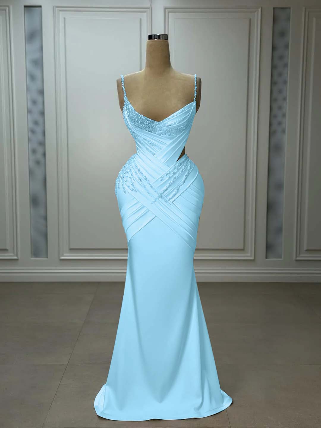 Satin V-Neck Spaghetti Straps Strapless Sleeveless Long Mermaid Prom Dress With Pleated And Beadings YK0743