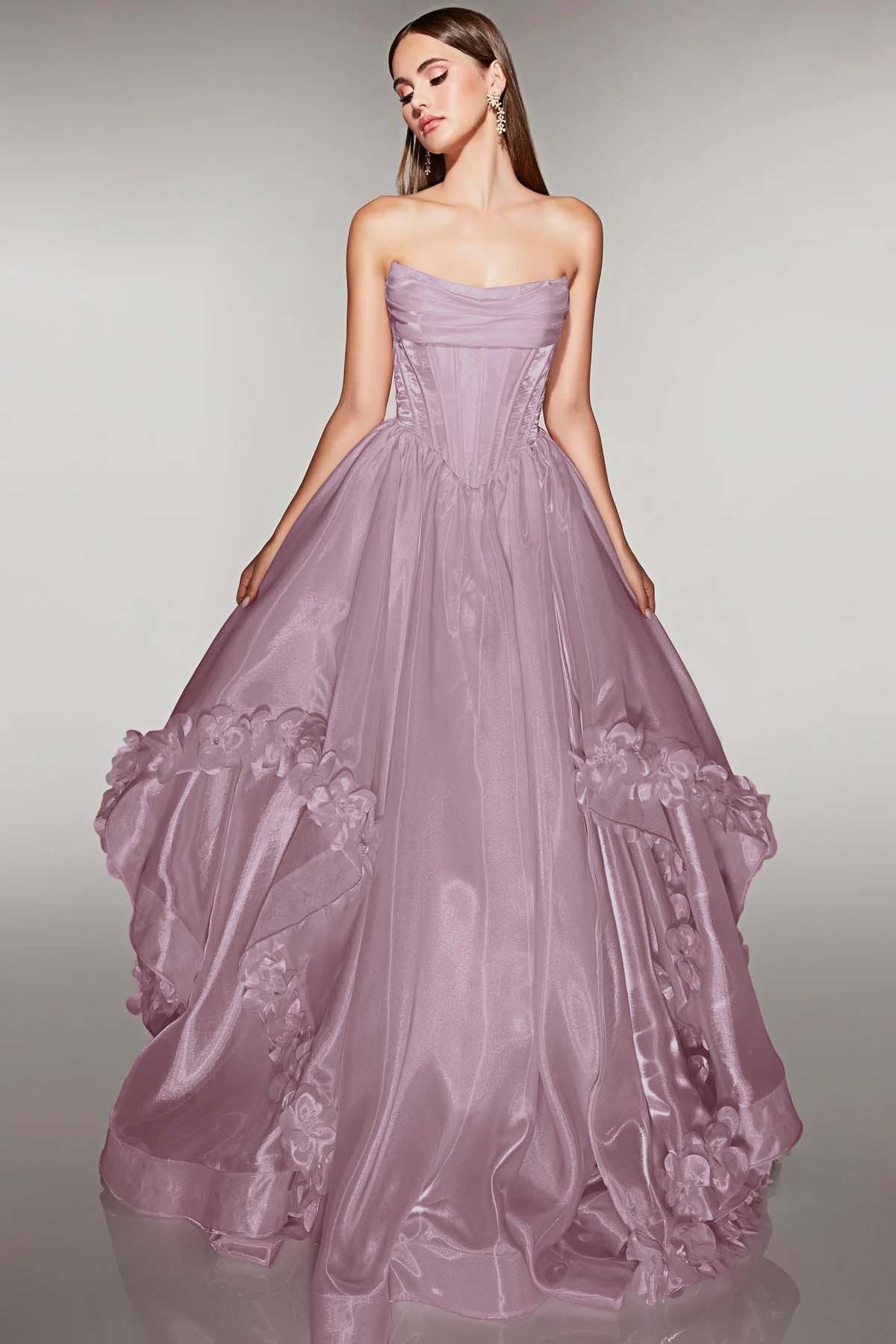 Cocoslly Strapless Sleeveless High Waist Long A Line Prom Dress With Flowers | Pink Satin