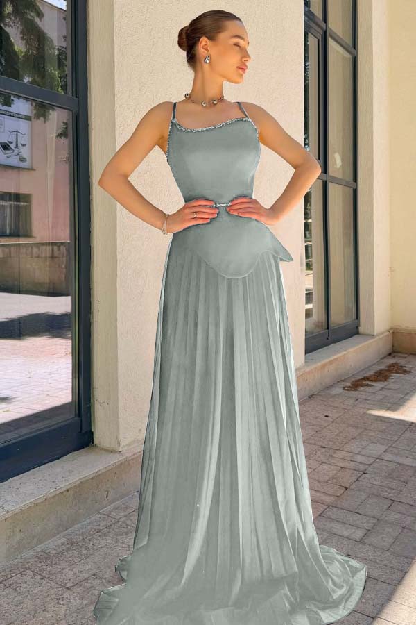 Spaghetti Strap Sleeveless Long Prom Dress With Pleated Sequins WQ0188