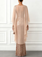 Champagne Glitter Sequin Crew Neck Cap Sleeve Sheath Floor-length Gown Dress