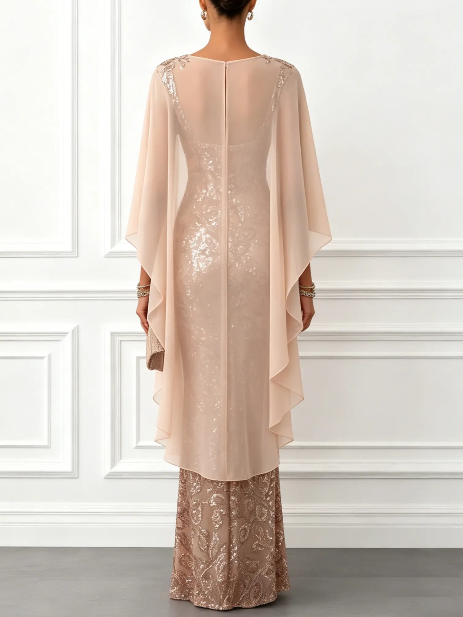 Champagne Glitter Sequin Crew Neck Cap Sleeve Sheath Floor-length Gown Dress