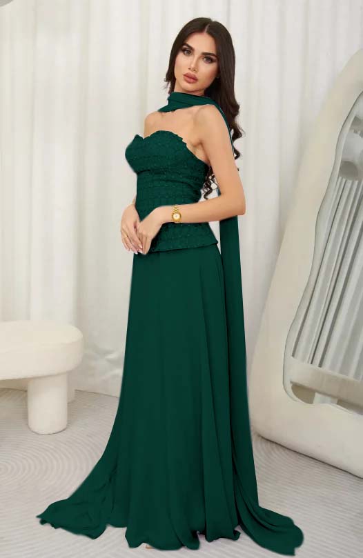 Cocoslly Strapless Sleeveless High Waist Long Prom Dress With Rhinstone And Scarf | Lilac Chiffon JZ0099