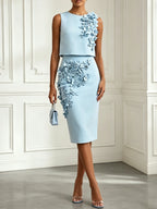 Women Blue 3D Floral Crew Neck Sleeveless Elegant Top With Skirt Two-Piece Set