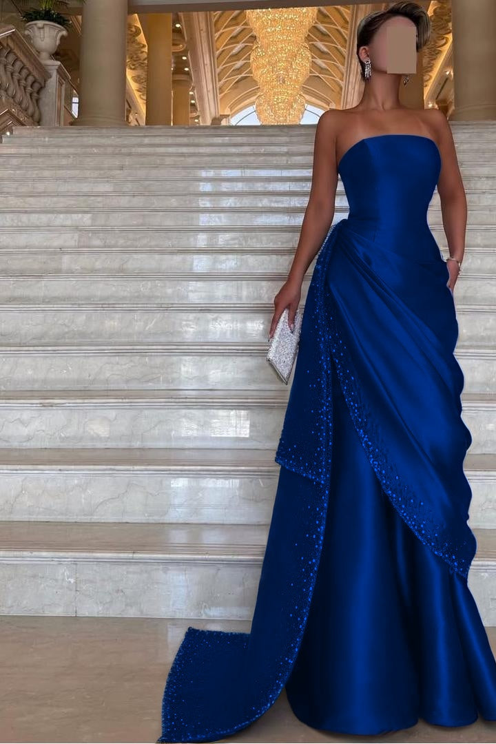 Chic Strapless Sleeveless Long Prom Dress With Pleated Beading WQ0094
