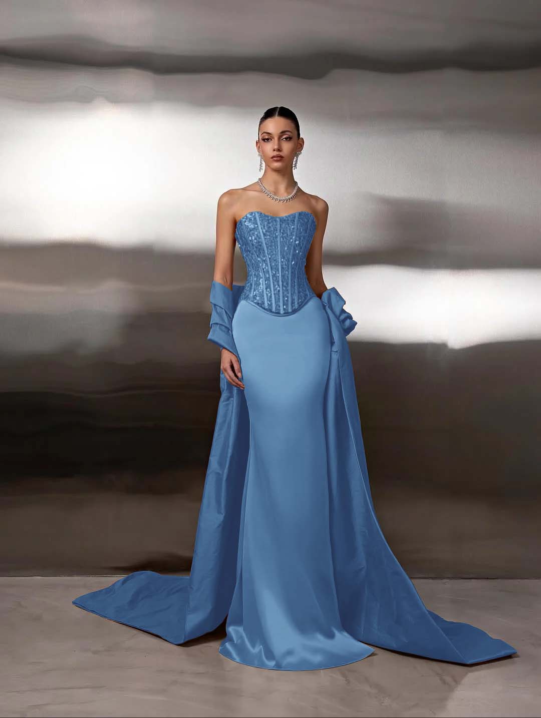 Satin Strapless Sleeveless Long Mermaid Prom Dress With Ruffles And Sequins YK0759