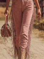 Western Retro Pink Tassel Faux Suede Overalls