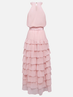 Pink Ruffle Tiered Chiffon Halter Neck Sleeveless A-Line Two-piece Set Top with Skirt