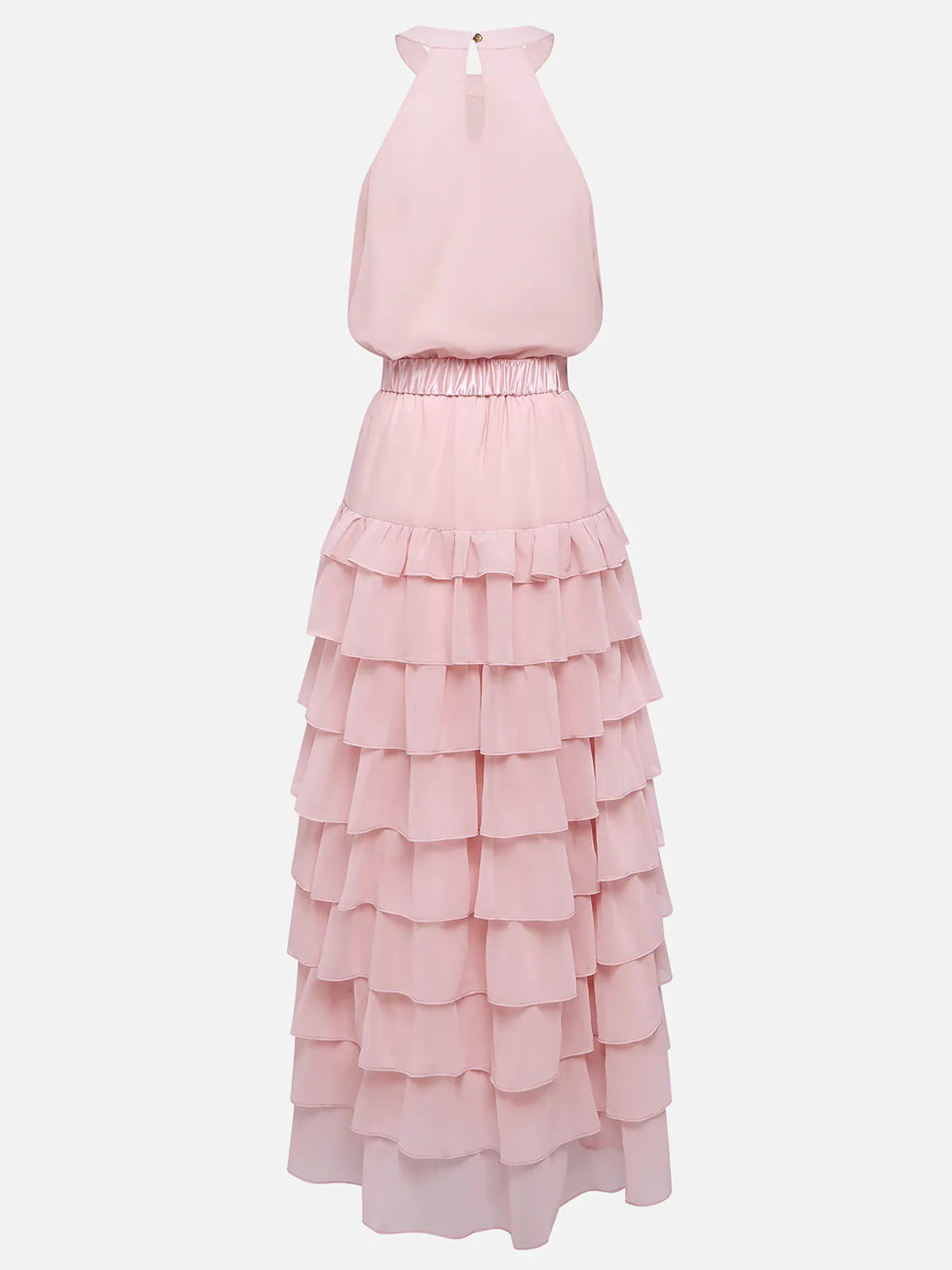 Pink Ruffle Tiered Chiffon Halter Neck Sleeveless A-Line Two-piece Set Top with Skirt