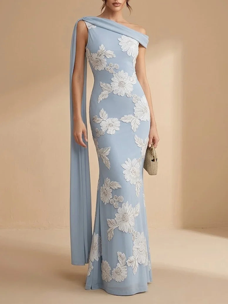 Light Blue Jacquard Classic One Shoulder Sleeveless Mermaid Floor-length Gown Dress