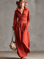Exquisite Retro Western Lapel Front Button Red Windbreaker Style Cotton And Linen Maxi Dress