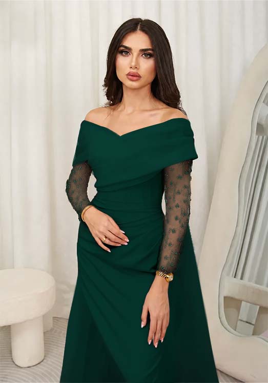 Cocoslly Off-The-Shoulder Long Sleeves High Waist Long Prom Dress With Rhinstone | Blushing Pink Chiffon JZ0100