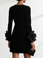 Black 3D Floral Rhinestone Velvet Crew Neck Long Sleeve Sheath Mini Dress