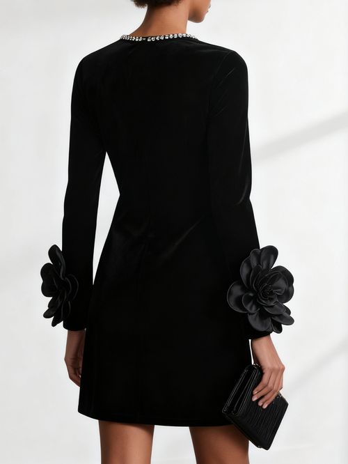 Black 3D Floral Rhinestone Velvet Crew Neck Long Sleeve Sheath Mini Dress