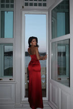 Cocoslly Halter Sleeveless High Waist Long Mermaid Prom Dress | Wine Red Satin CO0149