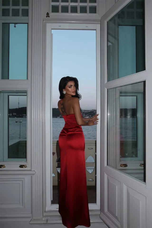 Cocoslly Halter Sleeveless High Waist Long Mermaid Prom Dress | Wine Red Satin CO0149