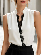 Sleeveless Lace Insert Wrap-Front Blouse